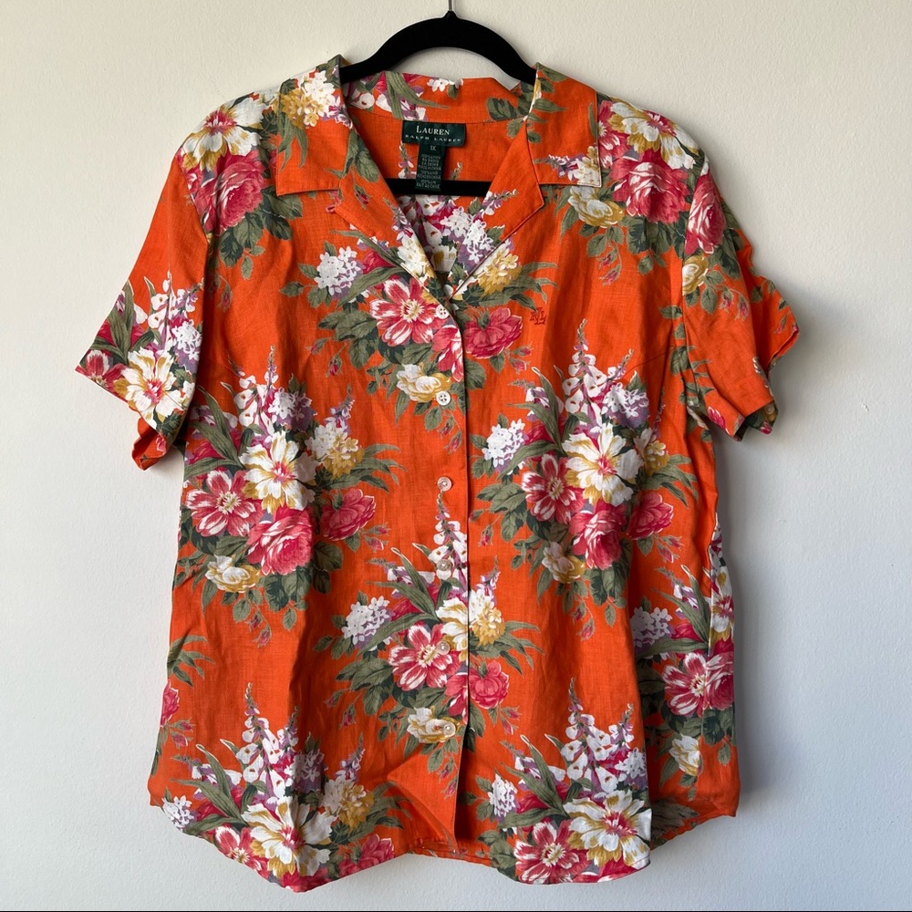 Lauren Ralph Lauren Vintage Orange Tropical Linen Shirt Short Sleeve Size 1X